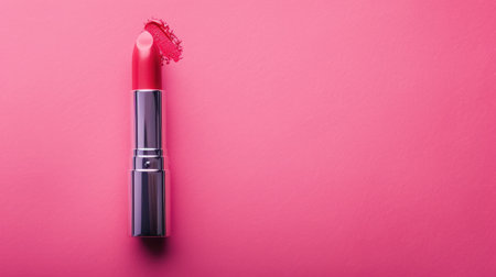 Define your style: Vibrant red lipstick stick showcased against a pretty pink background, perfect for expressing your beautyの素材