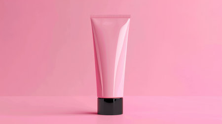Radiate charm: Pink cosmetic tube with black cap against pink backdrop, a captivating packaging mockup awaiting your personal touchの素材