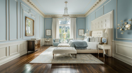 Serenity meets sophistication: Master bedroom in serene light blue, floor-to-ceiling wainscoting, gleaming hardwood floors, and elegantの素材