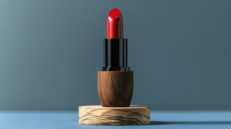 Savor the elegance: Red lipstick with wooden base in a refined minimalist setting, a luxurious addition to your beauty collectionの素材