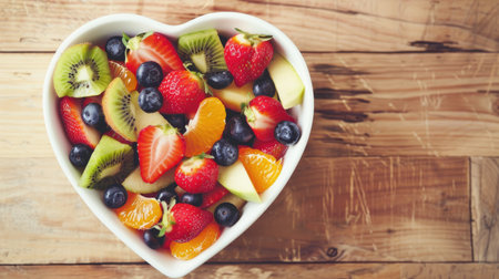 Fresh colorful fruit salad in a heart-shaped bowl, featuring strawberries, blueberries, kiwi, and oranges, on a wooden tableの素材