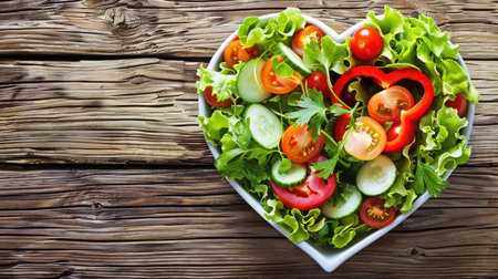 Fresh mixed salad in a heart-shaped bowl, featuring lettuce, cherry tomatoes, cucumbers, and bell peppers, on a wooden tableの素材