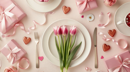 Embrace the spirit of Woman's Day: Top view of a lavish banquet setting with tulips, gifts, and hearts on a sophisticated light beige baseの素材