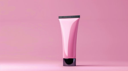 Experience elegance: Pink cosmetic tube with black cap on pink background, a refined packaging mockup for your branding needsの素材