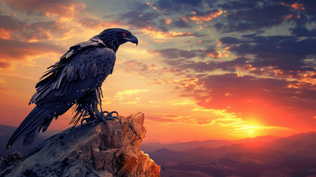 Robotic eagle perched on a rock, with sharp talons and red eyes gleaming, against a sunset sky with a blend of natural and digital elements.の素材
