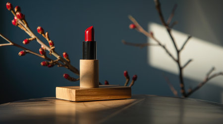 Elevate your glamour: Elegant red lipstick showcased in a minimalist setting with a sleek wooden base, exuding timeless charmの素材