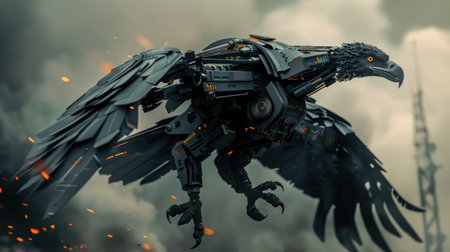 Black robotic eagle armed with futuristic weapons, poised for battle against a dark, apocalyptic backdrop.の素材