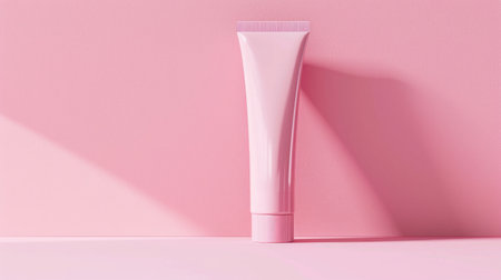 Redefined beauty: Pink minimalist cosmetic tube on pink background, an ideal packaging mockup for showcasing your product.の素材