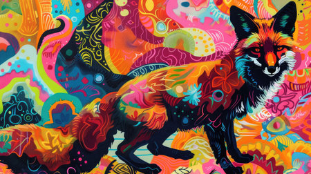 Abstract fox silhouette combined with vibrant, surreal patterns in a stunning array of bright colors, igniting creativity.の素材