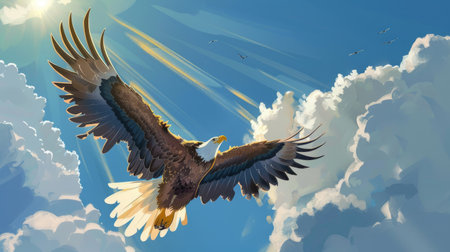 Cartoon eagle in mid-flight with sunbeams streaming through its wings, set against a bright blue sky with puffy white cloudsの素材