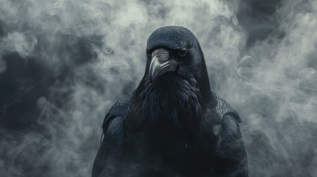 Black crow with an ominous gaze, surrounded by enchanting dark smoke from a wizard's ritual, set against a mystical background.の素材