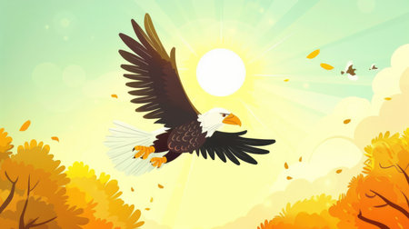 Playful cartoon eagle soaring above the treetops, with a radiant sun and clear sky creating a joyful atmosphere.の素材
