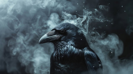 Black crow with a commanding presence, surrounded by dark, mysterious smoke from a wizard's spellの素材