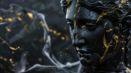 Experience the blend of old and new: 3D rendering presents an ancient Greek statue crafted in black marble, enriched with modern gold accents, a captivating digital artworkの素材