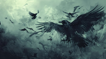 Dark and fearsome flock of black crows, wings spread wide, casting eerie shadows on a gloomy landscapeの素材