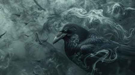 Haunting black crow with piercing eyes, set against a backdrop of swirling dark smoke from a sorcerer's enchantment.の素材