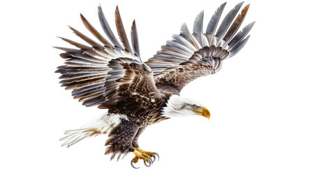 Close-up of an eagle's sharp talons as it flies, with wings blurred to show motion, on a white backgroundの素材