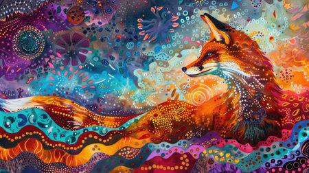 Abstract art of a fox silhouette interwoven with surreal, bright patterns, evoking a sense of wonder and imaginationの素材