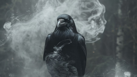 Black crow with an ominous gaze, surrounded by enchanting dark smoke from a wizard's ritual, set against a mystical background.の素材