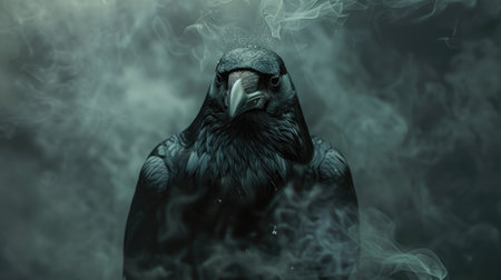 Black crow with a commanding presence, surrounded by dark, mysterious smoke from a wizard's spellの素材