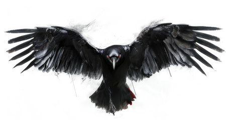 Majestic black crow with red eyes, perched with wings slightly open, on a white background.の素材