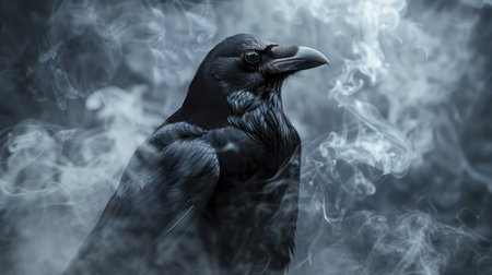 Fearsome black crow with sharp eyes, enveloped in dark, swirling smoke from a magical incantation.の素材