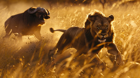 Dynamic shot of a lion in hot pursuit of a buffalo, running through the tall grasses of the sunlit savannah.の素材