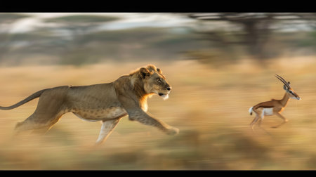 Agile lion in mid-chase after a fast-moving impala, racing through the open plains of the African savannah.の素材