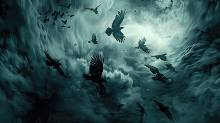 Dark and eerie flock of black crows, wings flapping against a background of swirling dark clouds.の素材