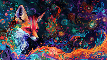 Fox silhouette intertwined with stunning bright colors and intricate, surreal designs, forming an abstract visual delightの素材