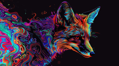 Silhouette of a fox merging with vibrant, surreal patterns in neon colors, creating an abstract and imaginative composition.の素材