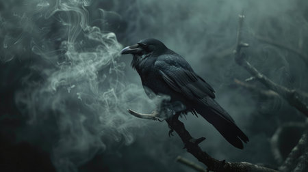 Foreboding black crow perched on a branch, enveloped in mystical dark smoke, against a backdrop of black magicの素材