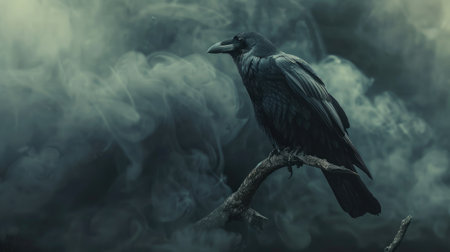 Foreboding black crow perched on a branch, enveloped in mystical dark smoke, against a backdrop of black magicの素材