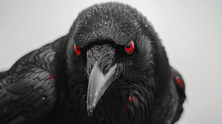 Close-up of a black crow's face, highlighting its red eyes, with a minimalist white backgroundの素材