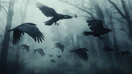 Group of sinister black crows with intense gazes, flying through a misty, dark forest, creating a haunting atmosphere.の素材