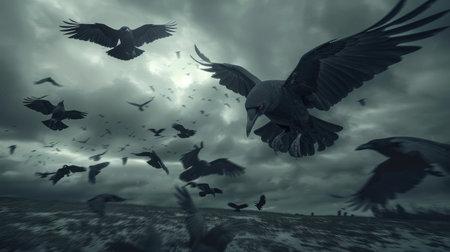 Terrifying group of black crows with red eyes, flying low over a desolate landscape under a threatening sky.の素材