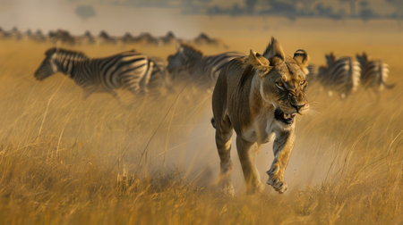 Lioness chasing a herd of zebras across the savannah, demonstrating the powerful predator in action.の素材