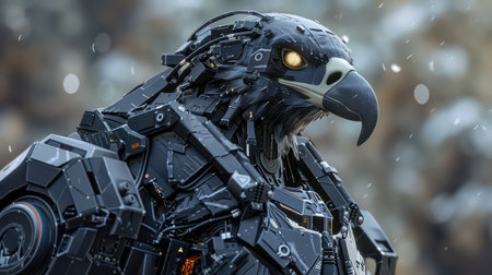 Robotic eagle with menacing black armor and weaponry, ready for action in a sci-fi battleground.の素材