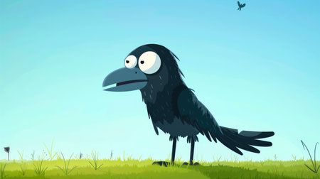 Cartoon black crow with a mischievous grin, standing on a grassy field, with a clear blue sky overhead.の素材