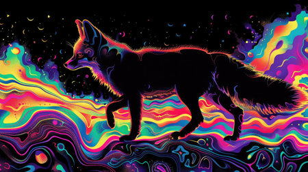 Silhouette of a fox merging with vibrant, surreal patterns in neon colors, creating an abstract and imaginative composition.の素材