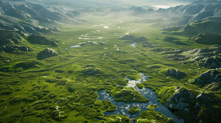 Realistic 3D terrain with meadows and streams, offering plenty of space for text in the upper right corner.の素材