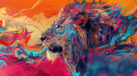 Elegant lion silhouette merging with imaginative, surreal patterns and bright hues, forming a mesmerizing abstract artwork.の素材