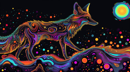 Silhouette of a fox merging with vibrant, surreal patterns in neon colors, creating an abstract and imaginative composition.の素材