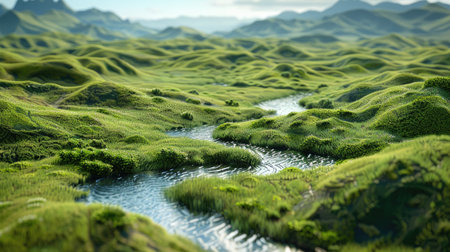 Realistic 3D terrain with meadows and streams, offering plenty of space for text in the upper right corner.の素材