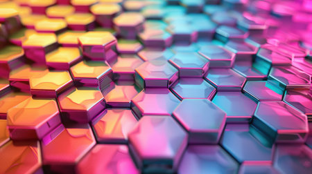 Vibrant 3D textured background with hexagonal patterns, featuring ample space for text at the bottom.の素材
