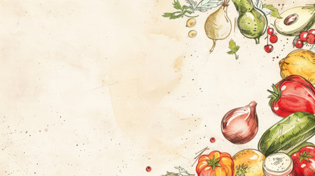 Adorable fruit and vegetable sketches against a soothing pastel background, leaving plenty of space for text incorporation.の素材