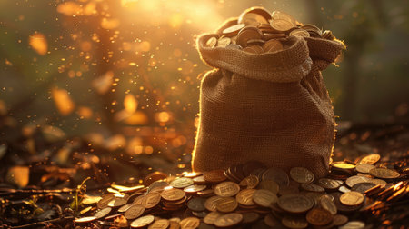 Bag brimming with coins, representing financial wealth and abundance.の素材