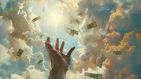 Bills cascading from the sky amidst clouds and sunlight, with a hand ready to catch the falling money.の素材