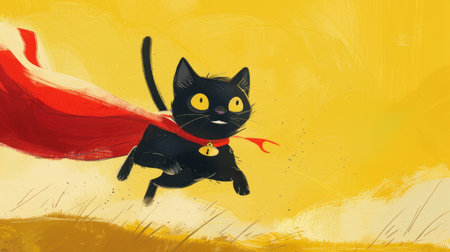Unleash the superhero within your feline friend! A grinning black cat with a red cape and mask, jumping and soaring through the air against a gentle yellow backdropの素材