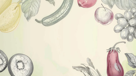 Sweet fruit and vegetable sketches decorating a pastel-colored canvas, providing a lovely spot for text insertionの素材